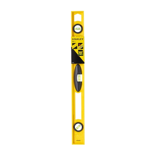 Photo of STANLEY 1-42-476 yellow spirit level, 60cm, with three bubble vials, front angle on white background.