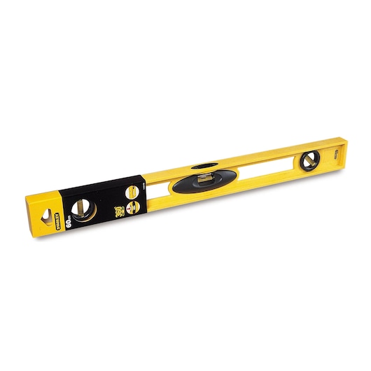 STANLEY 1-42-476 yellow spirit level with three vials, front angle, photography on white background.