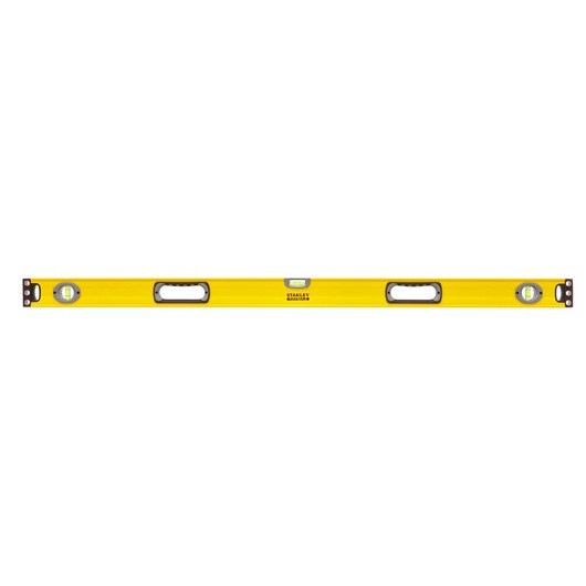 Photo of STANLEY 1-43-548 yellow spirit level with three vials, two handles, front angle on white background.