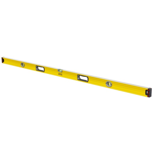 Photo of STANLEY 1-43-572 yellow spirit level with three vials and two handles, angled on white background.