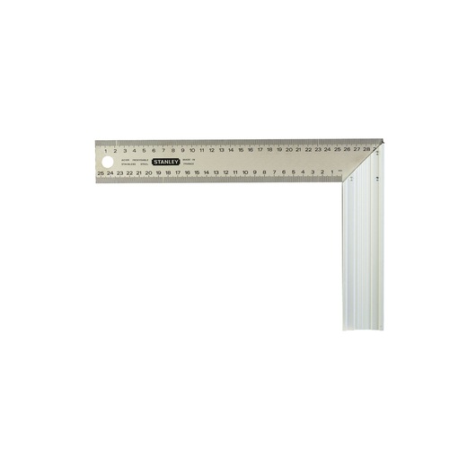 STANLEY 1-45-685 steel carpenter's square with metric and imperial markings, top view on white background.