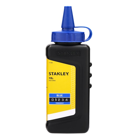 STANLEY 1-47-403 blue chalk bottle, 113g, with yellow label and blue cap, product photo on white background.