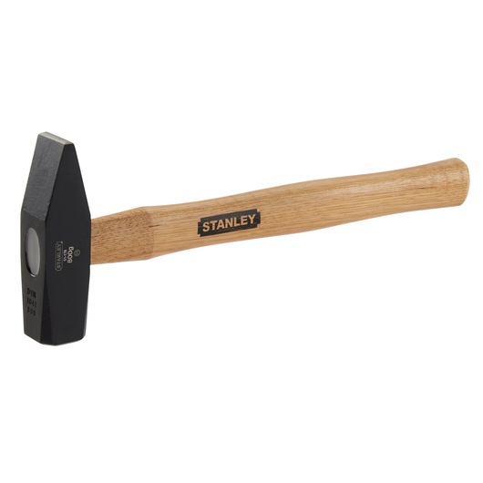 Stanley hammer with wooden handle and black metal head shown on a white background.