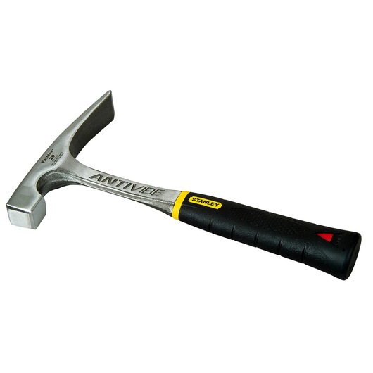 STANLEY 1-54-022 brick hammer with antivibe steel head and black grip handle, angled side view.
