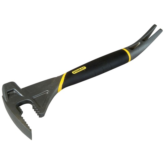 Stanley multi-purpose pry bar with a black and yellow handle, featuring serrated jaws and a nail puller end.