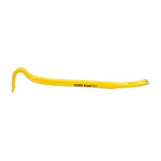 Stanley FatMax yellow crowbar with curved and flat ends, side view on white background