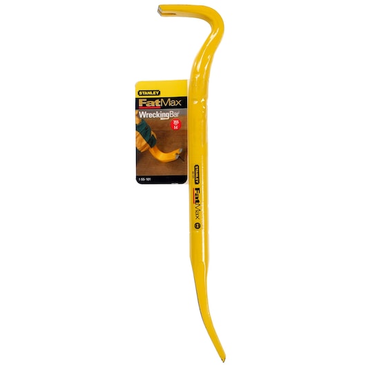 Photo of STANLEY 1-55-101 yellow wrecking bar with FatMax branding, front angle, white background.