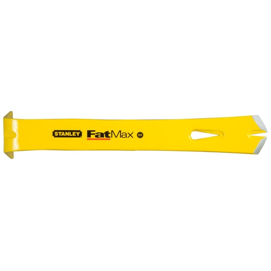 STANLEY 1-55-516 pry bar, yellow FatMax model, flat steel tool with angled ends, side view, white background.