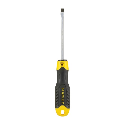 Photo of STANLEY 1-64-916 flathead screwdriver with yellow and black handle, front view on white background.