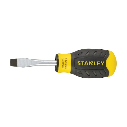 Photo of STANLEY 1-64-917 flathead screwdriver with yellow and black handle, side view on white background.