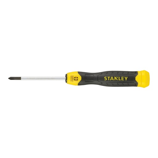 Stanley Phillips screwdriver with yellow and black ergonomic handle, shown on white background.