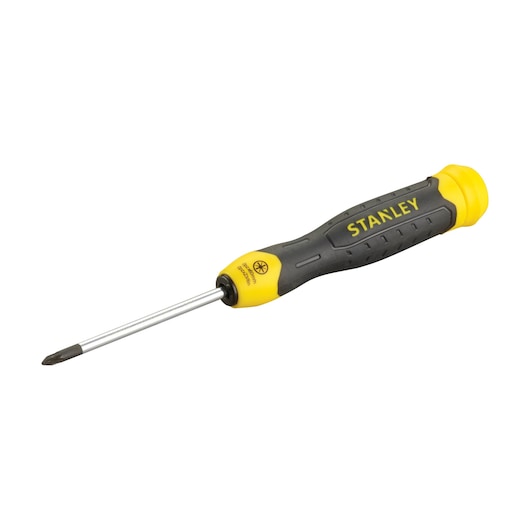 Photo of STANLEY 1-64-952 Phillips screwdriver with yellow and black ergonomic handle, side angle.