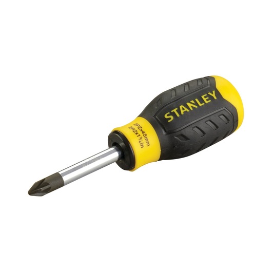 Stanley Phillips screwdriver with a short yellow and black handle and metal tip.
