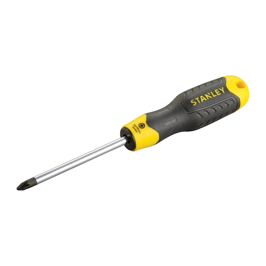 STANLEY 1-64-974 Phillips screwdriver with black and yellow handle, side angle, on white background.