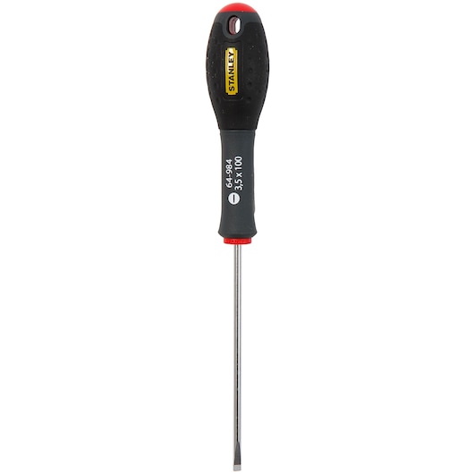 STANLEY 1-64-984 flathead screwdriver with black and red handle, front angle, product photography.
