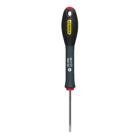 STANLEY 1-65-006 slotted screwdriver front view, black and yellow handle, silver blade, white background.
