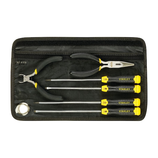 STANLEY 1-65-010 tool set with pliers and four screwdrivers in black and yellow handles, top view on white background.