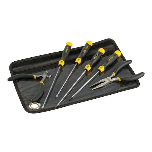 STANLEY 1-65-010 hand tool set with black and yellow handles, includes screwdrivers and pliers on black roll pouch, front angle.