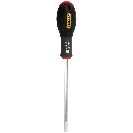 Stanley flat-head screwdriver with black and red handle and silver metal shaft, model 1-65-096.