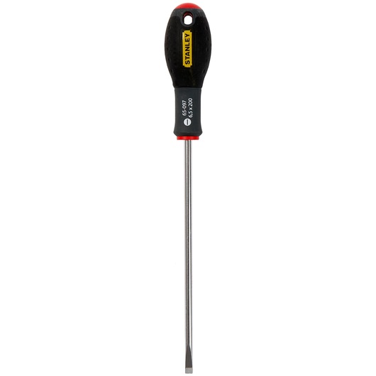 Stanley flat-head screwdriver with black handle and metal shaft, shown upright against a white background.