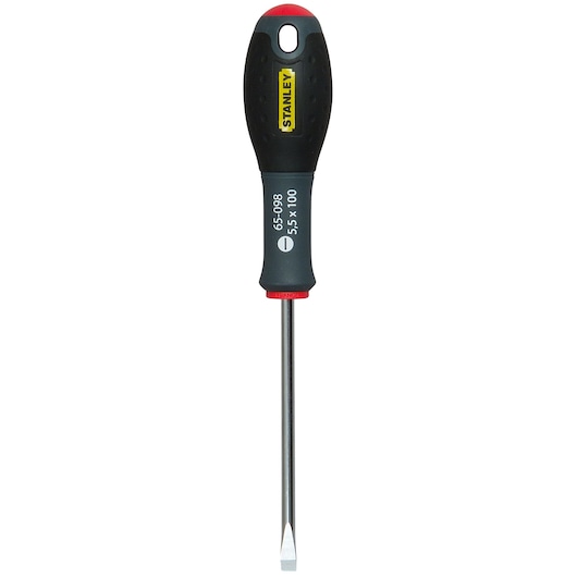 Stanley flathead screwdriver with black, red handle and metal blade, model 1-65-098, 5.5 x 100 mm.