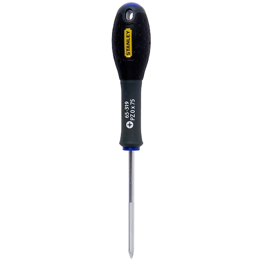 STANLEY 1-65-319 Pozidriv screwdriver, black and yellow handle, front angle photo.