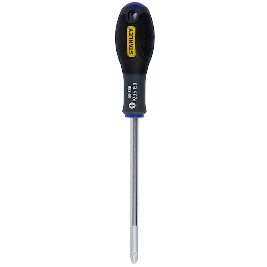STANLEY 1-65-338 Pozidriv screwdriver with black and yellow handle, photographed from above on white background.