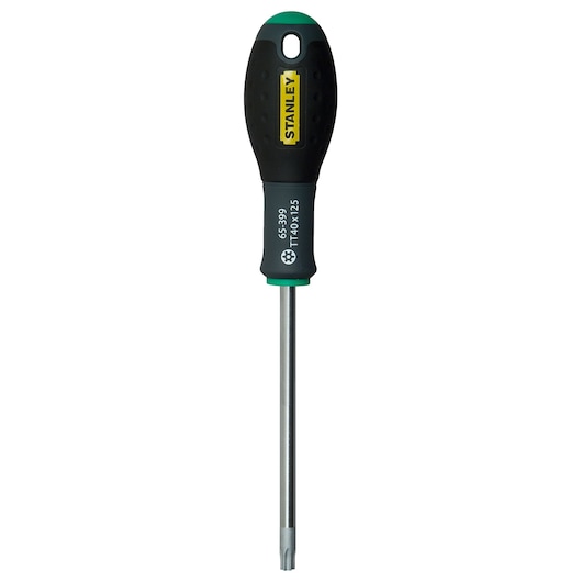 STANLEY 1-65-399 torx screwdriver, black and green handle, front view, photography on white background.