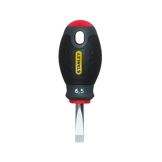 STANLEY 1-65-404 stubby flathead screwdriver, black and red handle, front view on white background.