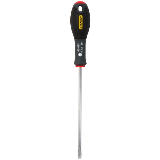 Stanley flathead screwdriver with black handle and metal shaft, model 1-65-483 is shown upright.