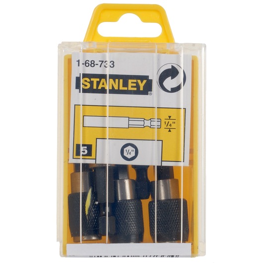 STANLEY 1-68-733 bit holder set in yellow plastic case, showing five black knurled holders, front angle.