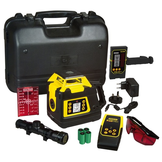 STANLEY 1-77-439 rotary laser level kit with yellow and black laser, remote, detector, charger, target plate, goggles, scope, batteries, and carrying case, front angle.