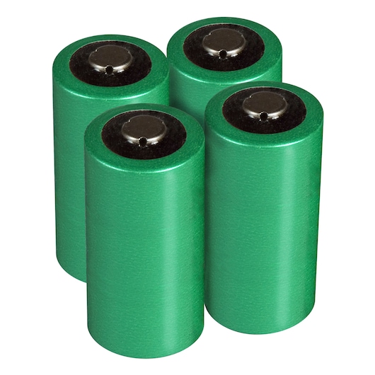 STANLEY 1-77-439 photography of three green cylindrical batteries, front angle, white background.