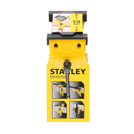 STANLEY 1-83-069 bench vise, yellow and black, front angle, with packaging showing clamp features and 75 mm capacity.