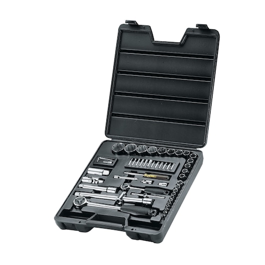 STANLEY 1-86-789 socket and ratchet set in black hard case, photography from angled top view.