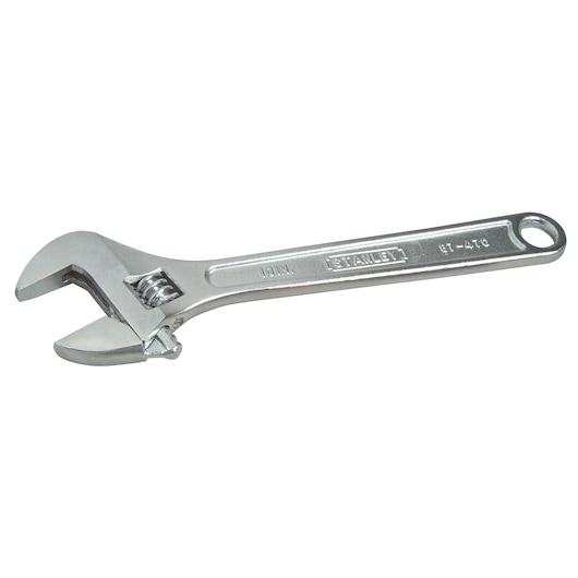 Metal adjustable wrench with Stanley branding, silver finish, and hole at the handle end for hanging or storage.