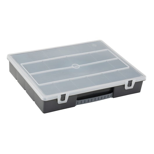 STANLEY 1-92-071 black organizer box with clear lid, front angle on white background.
