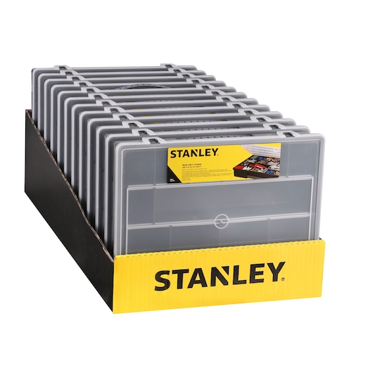 STANLEY 1-92-071 organizer boxes front angle in display tray, gray plastic with yellow branding.