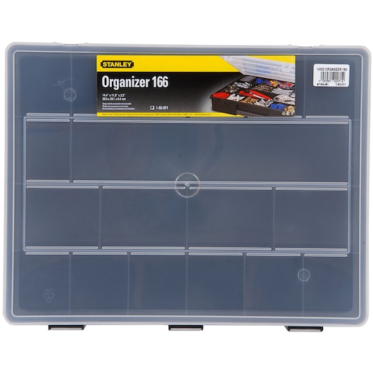 STANLEY 1-92-071 organizer box with transparent lid and multiple compartments, top view, product photography.