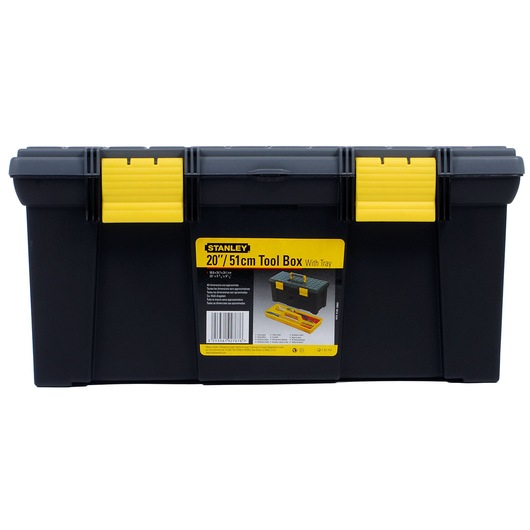 STANLEY 1-92-767 black tool box with yellow latches, front view on white background.