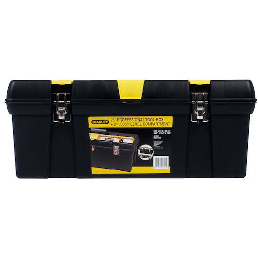 STANLEY 1-92-850 professional tool box, black and yellow, front angle, with metal latches, photography.