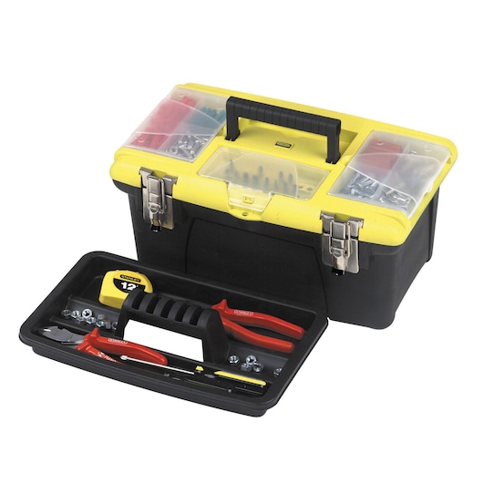 STANLEY 1-92-905 black and yellow toolbox with tray and assorted tools, front angle photo.