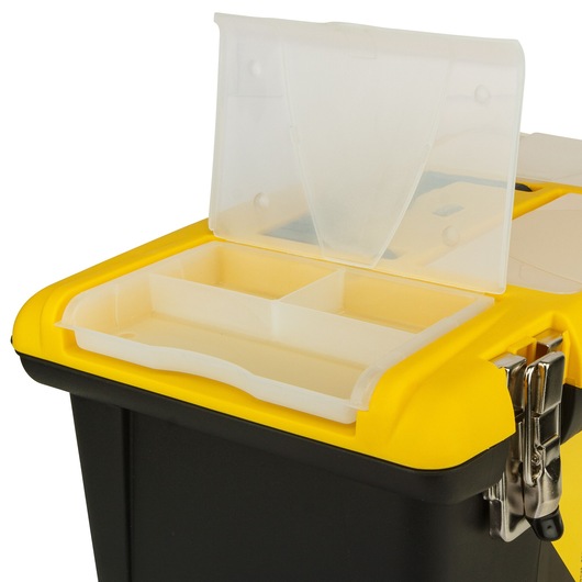 STANLEY 1-92-905 toolbox with open clear plastic organizer tray, yellow and black, top angle