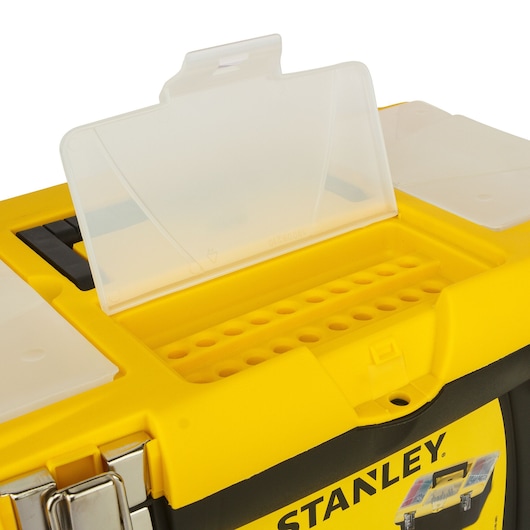 STANLEY 1-92-905 toolbox top angle, yellow and black with open translucent compartment lid and organizer holes.