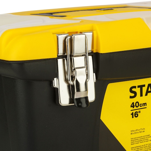 STANLEY 1-92-905 toolbox latch close-up, showing black and yellow plastic case and metal latch.