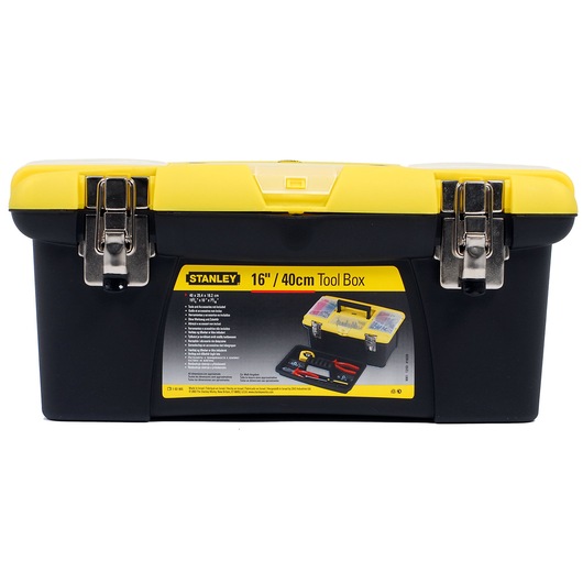 STANLEY 1-92-905 tool box, 16 inch, black and yellow, front angle, metal latches, white background.