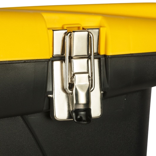 STANLEY 1-92-908 toolbox close-up, showing metal latch, black base, and yellow lid, front angle.