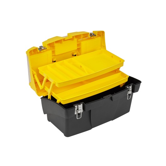 Open Stanley toolbox with yellow compartments and metal latches, showing organized storage trays inside.