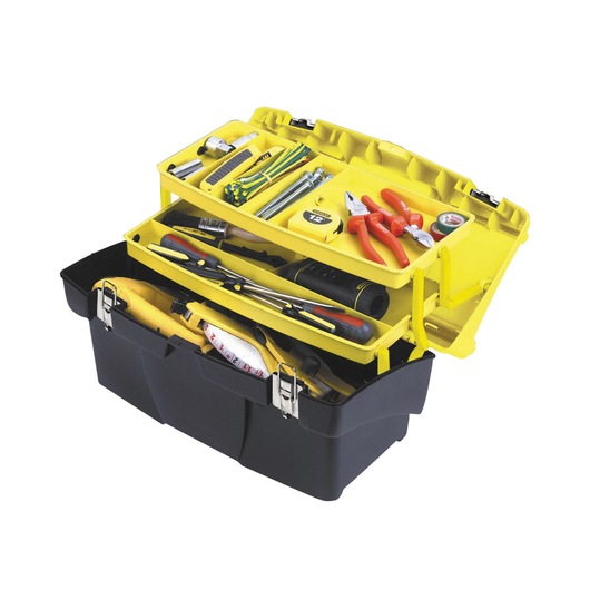 Stanley black and yellow toolbox with organized tools and compartments, open on a white background.