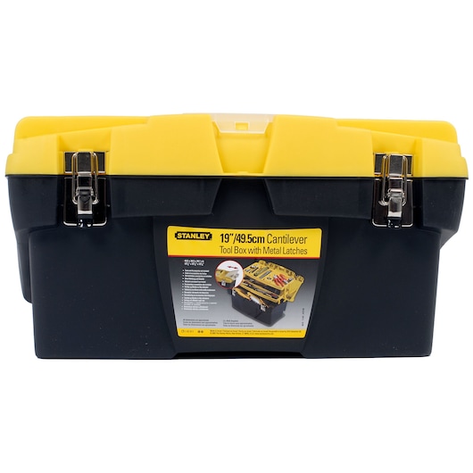 STANLEY 1-92-911 19-inch cantilever tool box with metal latches, black and yellow, front angle photo.
